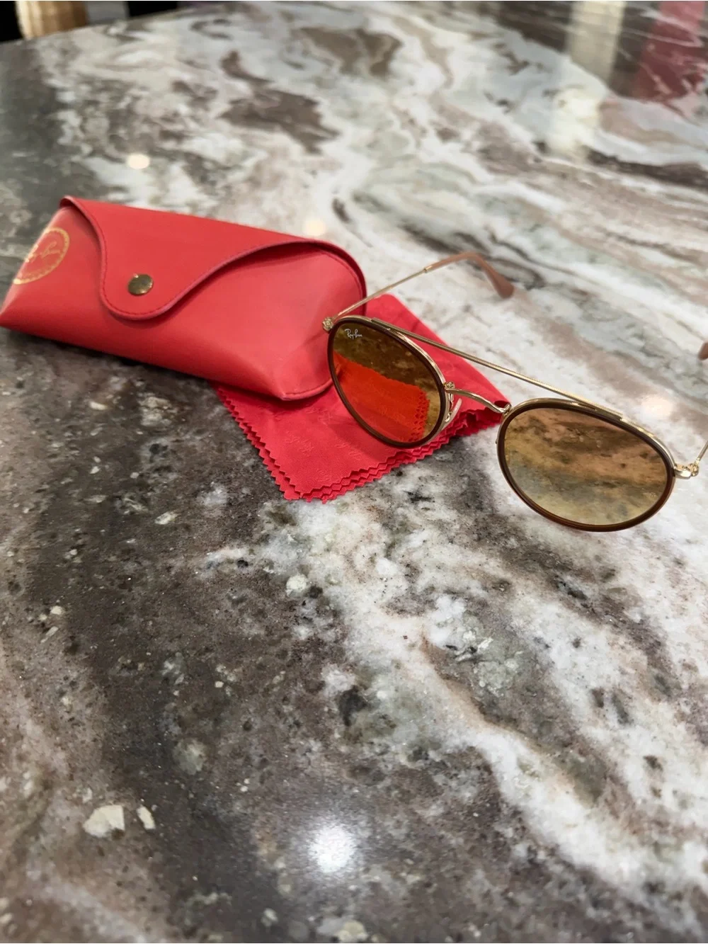 Ray-Ban Women's Rose Gold Frame Sunglasses with Brown Lenses and Red Case
